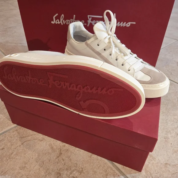 Salvatore Ferragamo White Leather Sneakers with Beige Suede Accents